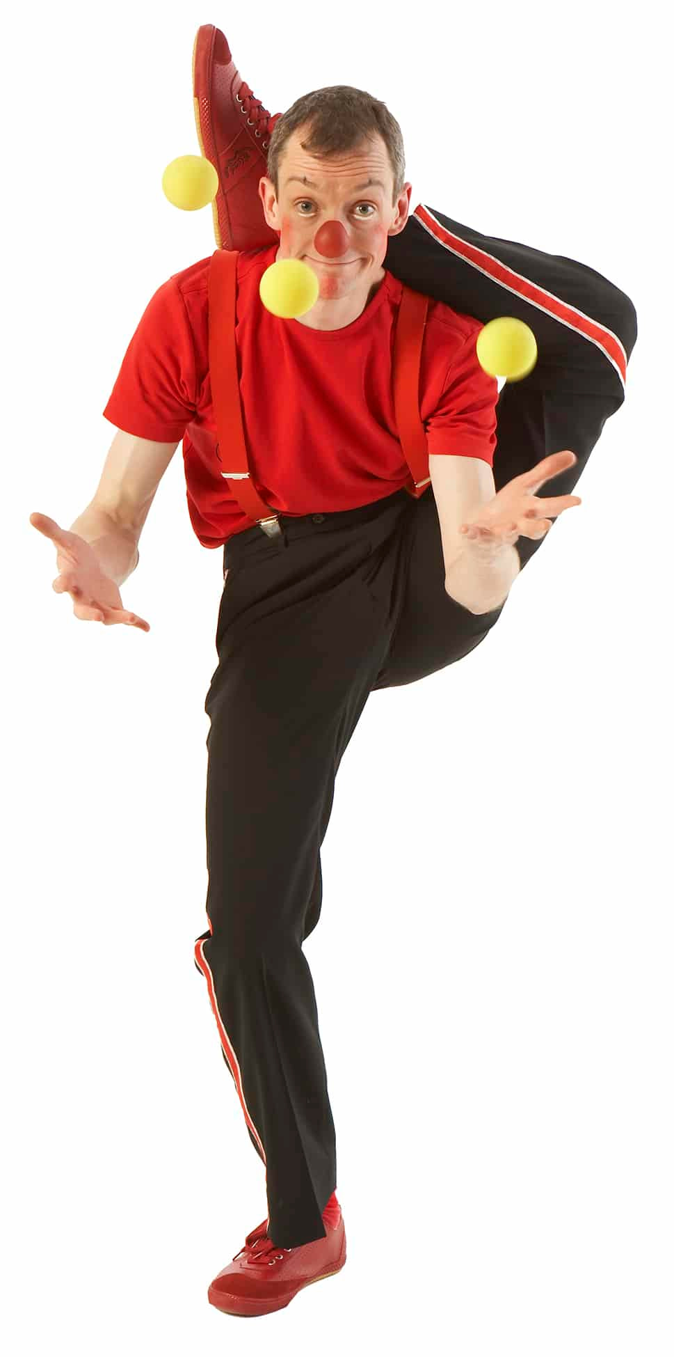 klovnen-tape Klovnen Tapé jonglerer med benet bag nakken